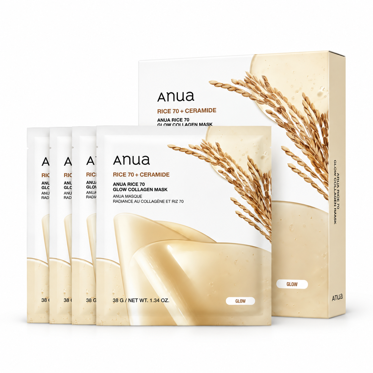 ANUA Rice 70 + Ceramide Glow Collagen Mask 38g*4EA